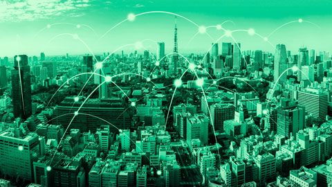 City scape with communications beaming from building to building