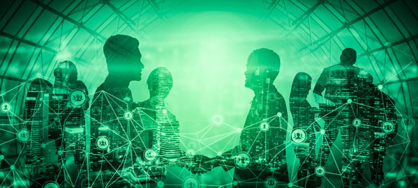 Business man shaking hands in virtual world